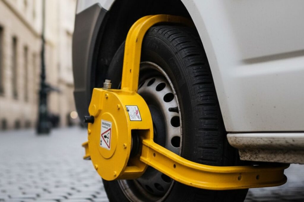 Sabot de roue utilisé pour sécuriser un van aménagé