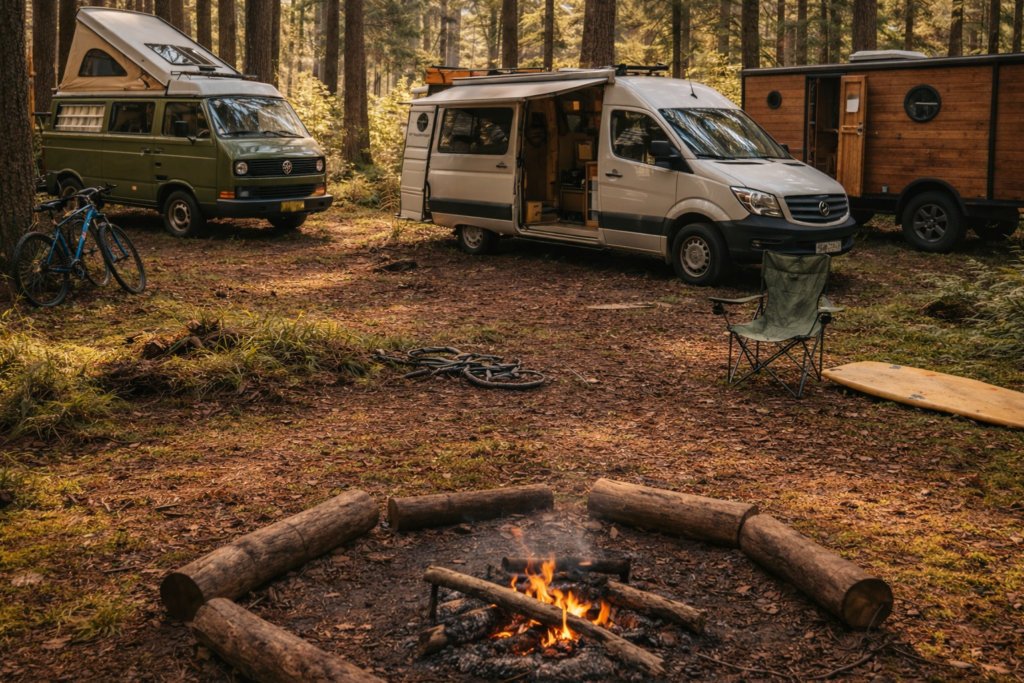 van et fourgon aménagé dans une forêt avec un feu de bois