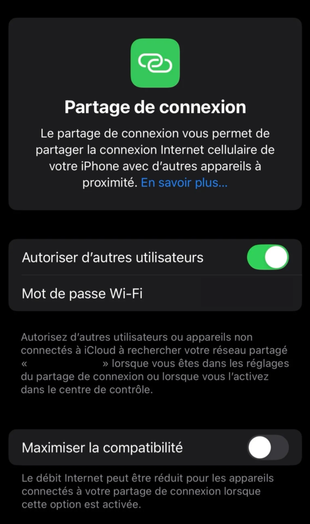 Fonctionnalité partage de connexion sur téléphone
