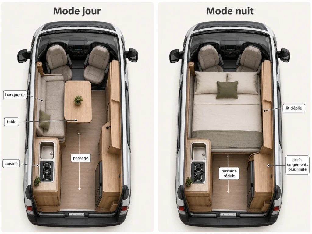 Comparaison en vue de dessus d’un van aménagé en mode jour et en mode nuit