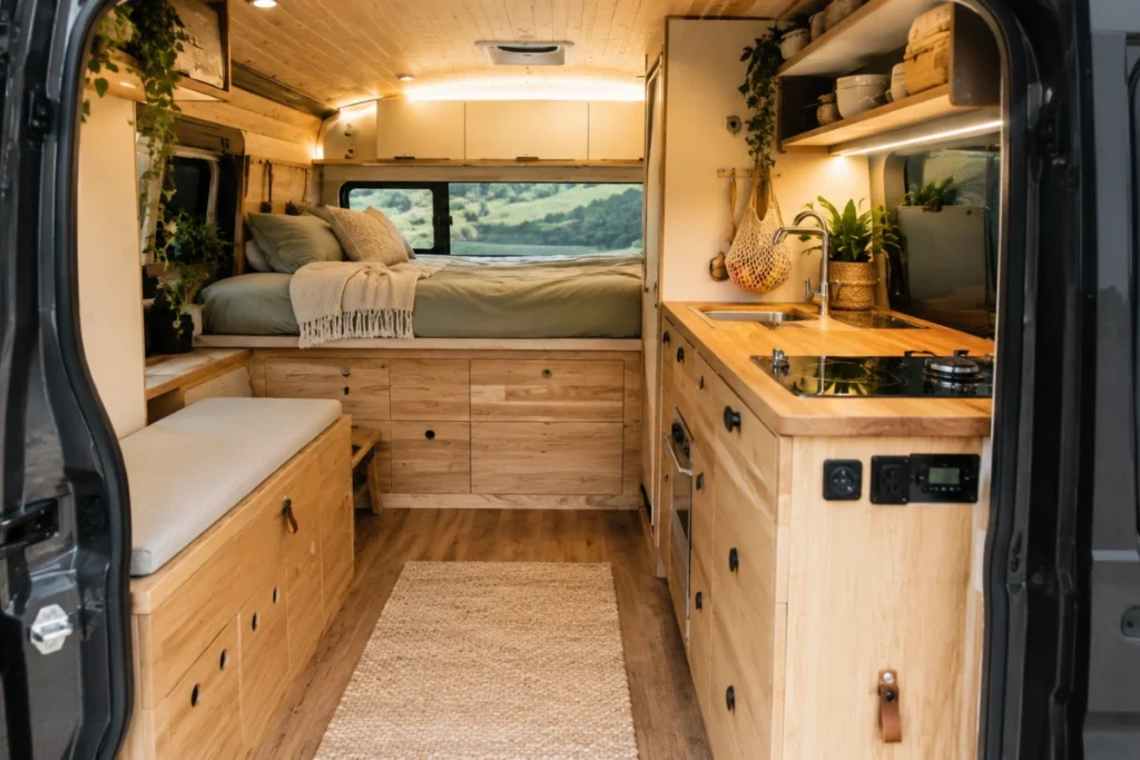Aménagement fixe dans un van aménagé avec lit permanent, cuisine intégrée et rangements en bois