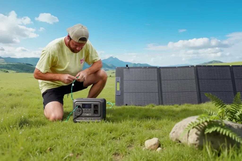 Homme rechargeant une station BLUETTI Elite 100 avec un panneau solaire en pleine nature