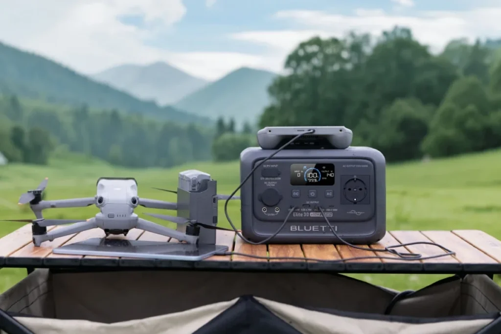 Station électrique BLUETTI Elite 30 alimentant un drone et une tablette en bivouac