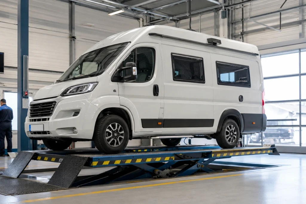 Fourgon aménagé blanc sur un pont élévateur lors d’un contrôle technique en garage