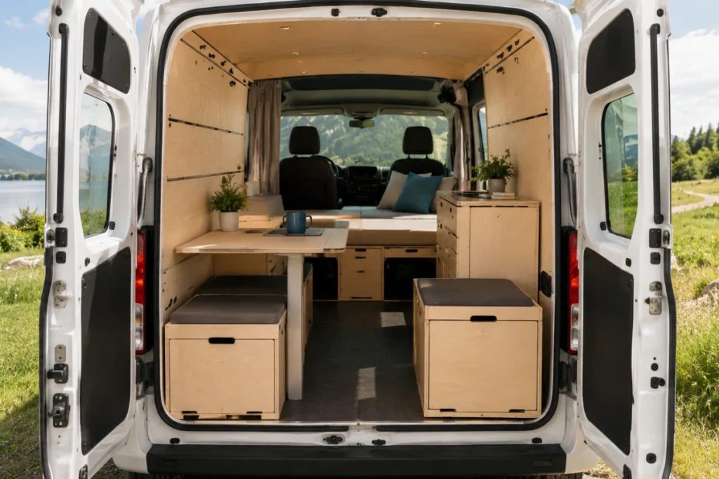 Intérieur d’un van aménagé avec kits modulables
