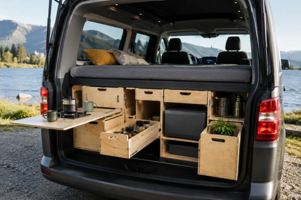 Exemple de kit d’aménagement amovible installé dans un van avec couchage, rangements et espace cuisine