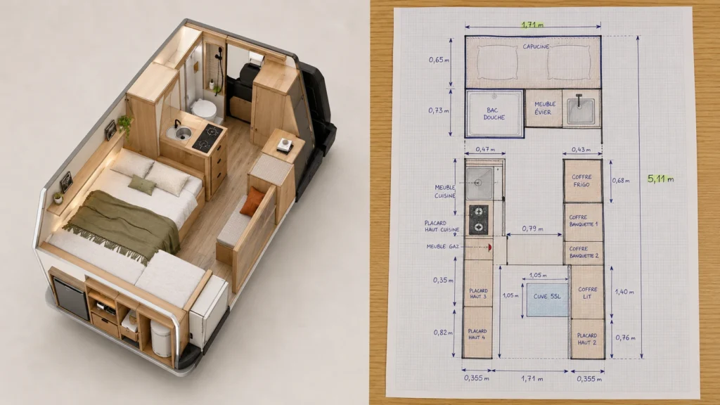 Plan d’aménagement de van avec vue 3D intérieure et schéma papier coté