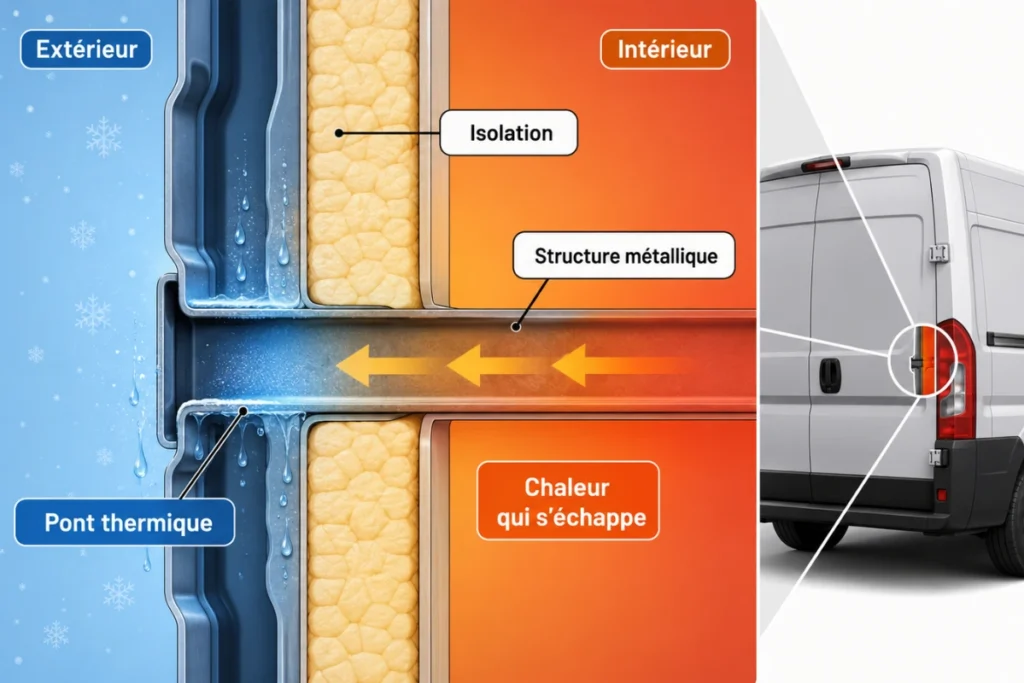Schéma d’un pont thermique dans la structure métallique d’un fourgon aménagé isolé