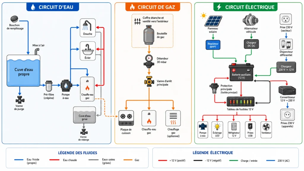 Schéma des circuits d’eau, de gaz et d’électricité dans un van aménagé