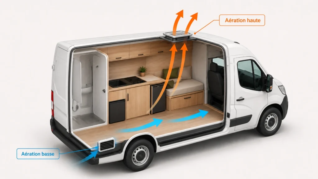 Fourgon aménagé avec aération basse et aération haute pour assurer une bonne ventilation intérieure