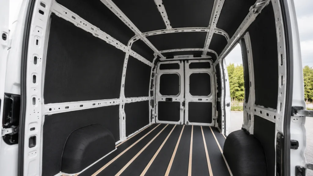 Intérieur d’un van aménagé isolé avec de l’Armaflex sur les parois, le plafond et le plancher