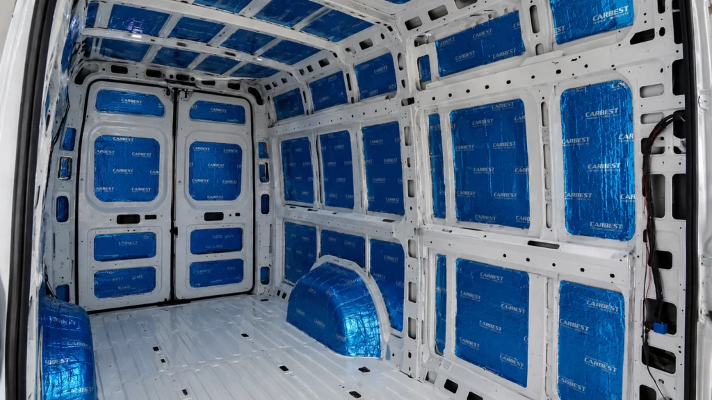 Pose d’alubutyl bleu sur les parois d’un van aménagé en cours d’isolation