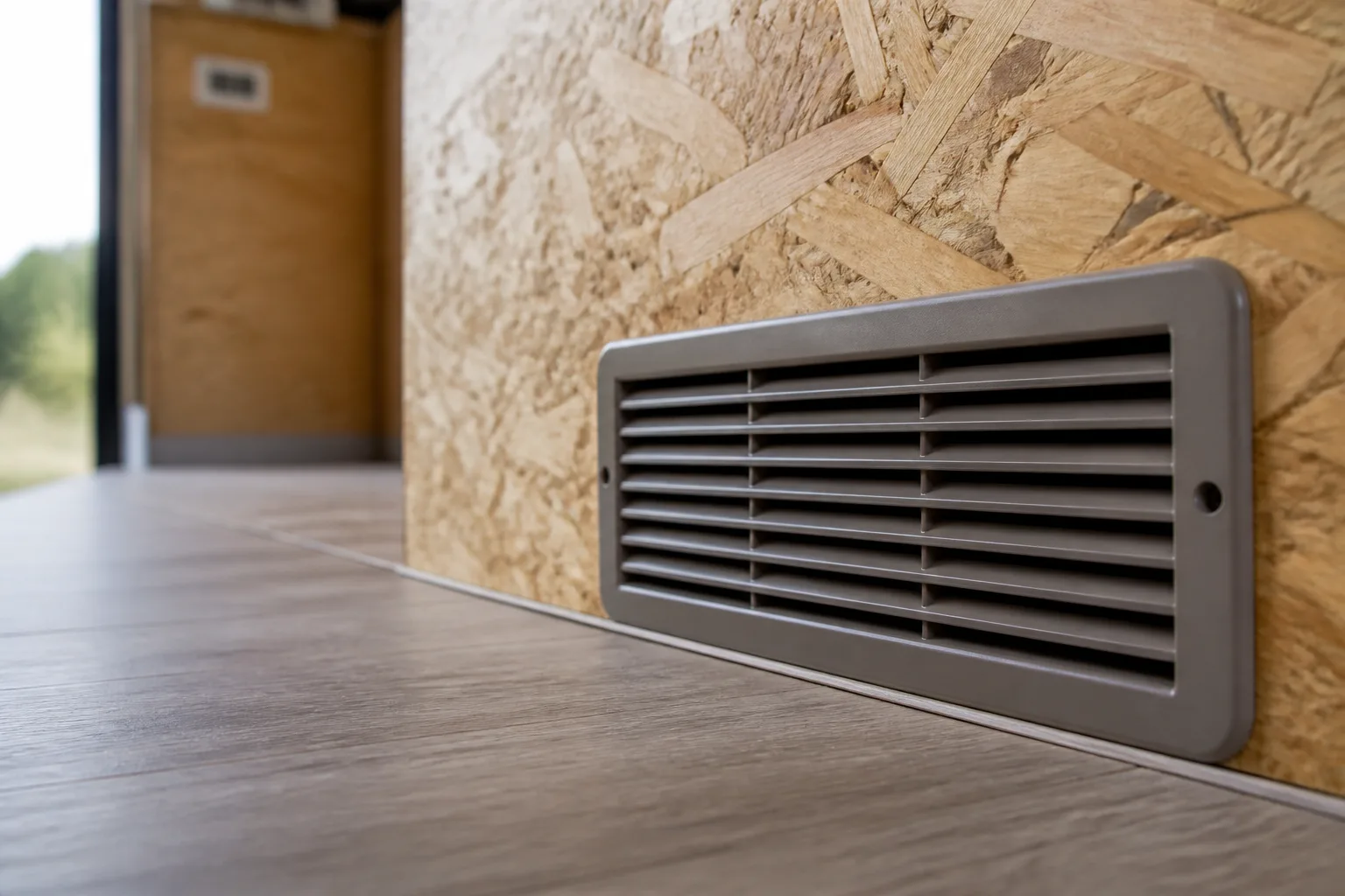 Grille d’aération basse installée près du plancher d’un van aménagé