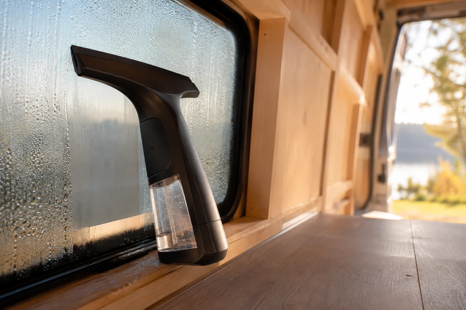 Raclette aspirante utilisée sur la vitre d’un van aménagé pour retirer la condensation