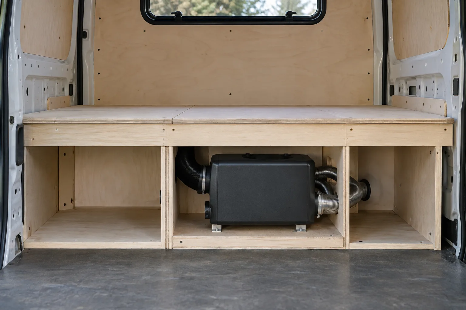 Truma VarioHeat Eco, chauffage van aménagé Chauffage au gaz Truma VarioHeat Eco installé sous une banquette de grand fourgon