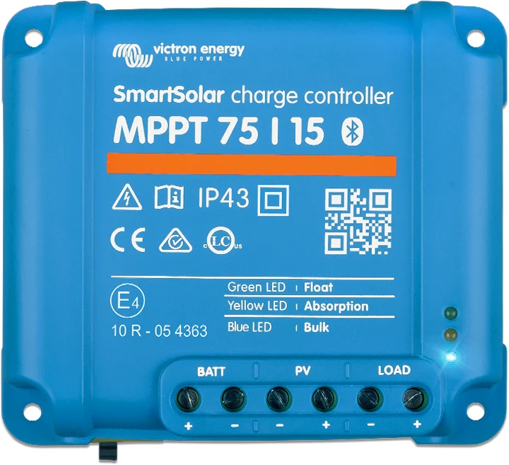 Régulateur MPPT Victron SmartSolar 75/15 Régulateur solaire Victron SmartSolar MPPT 75/15 avec ses bornes batterie, panneau et charge